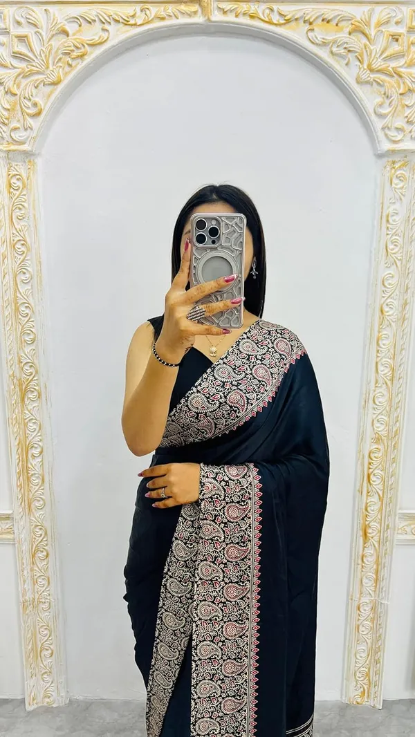 New_Black_Ajrakh_Modal_Silk_Saree__|_With_Blouse_Piece
