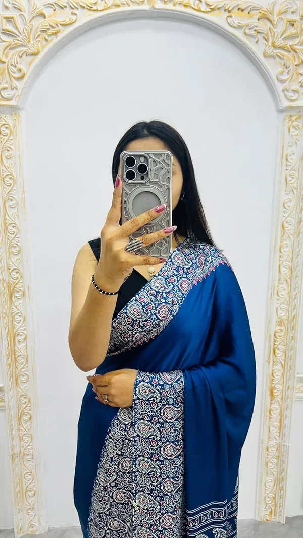 New_Royal_Blue_Ajrakh_Modal_Silk_Saree__|_With_Blouse_Piece