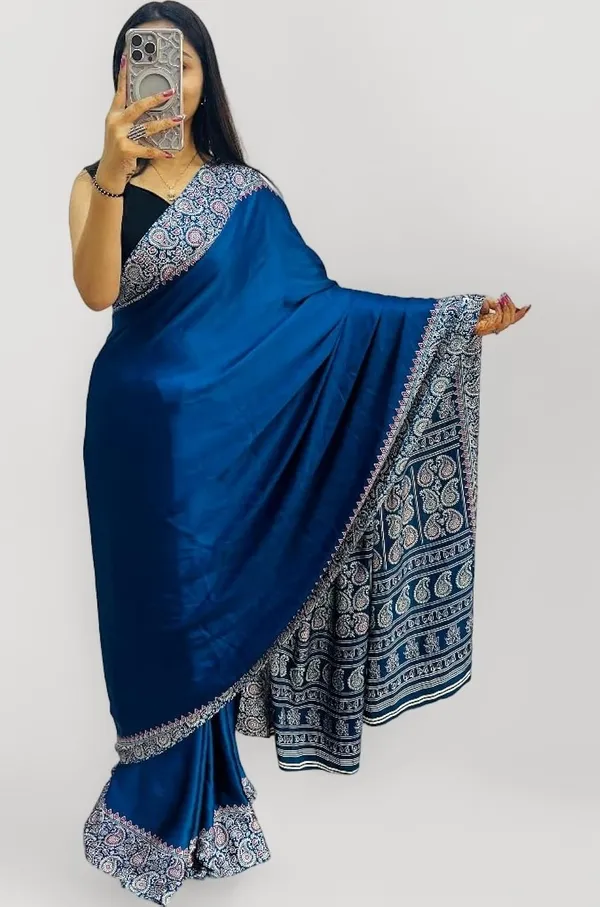 New_Royal_Blue_Ajrakh_Modal_Silk_Saree__|_With_Blouse_Piece