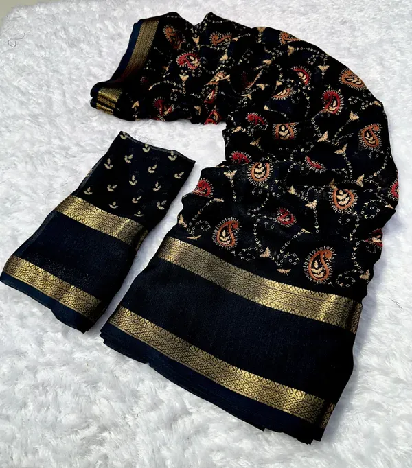 New_royal_Black_Designing_marshmallow_fabric_Saree_with_Blouse_Piece_
