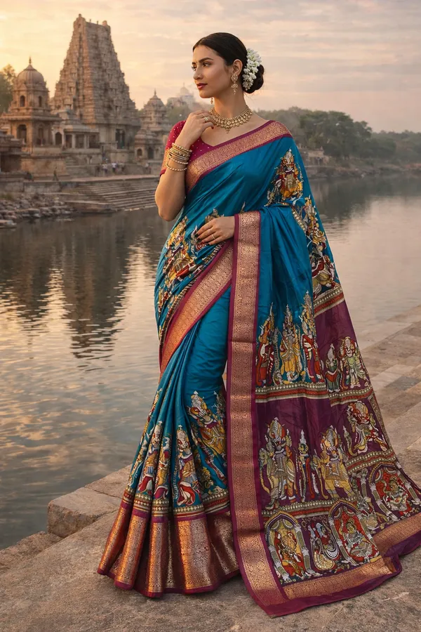 Rama_And_Maroon_Soft_Dola_Silk_Recco_Jari_Sarees__Kalamkari_|_With_Blouse_Piece