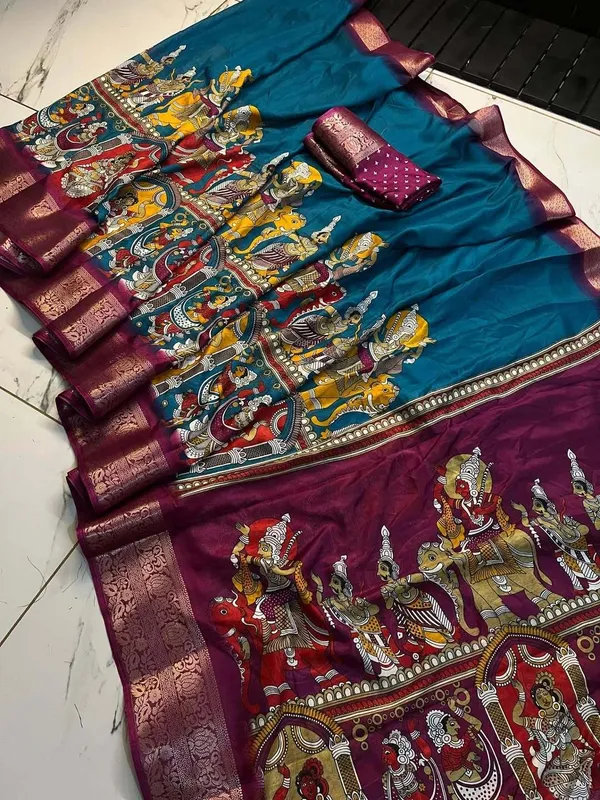 Rama_And_Maroon_Soft_Dola_Silk_Recco_Jari_Sarees__Kalamkari_|_With_Blouse_Piece