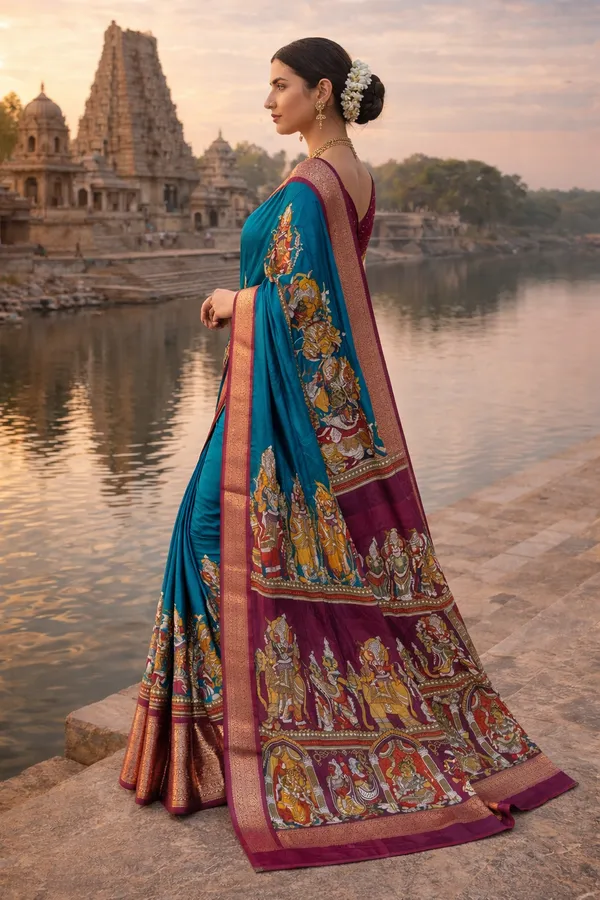 Rama_And_Maroon_Soft_Dola_Silk_Recco_Jari_Sarees__Kalamkari_|_With_Blouse_Piece