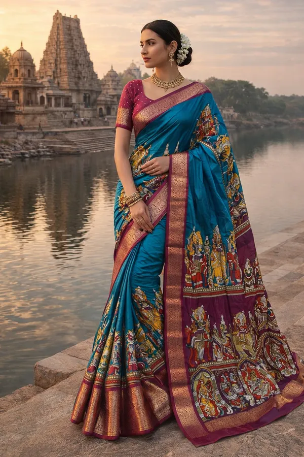 Rama_And_Maroon_Soft_Dola_Silk_Recco_Jari_Sarees__Kalamkari_|_With_Blouse_Piece