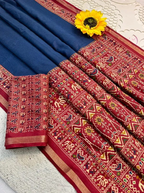 Traditional_Patola_Border_Saree_With_Plain_Body_Dola_Silk_Saree_-_Blue_|_With_Blouse_Piece
