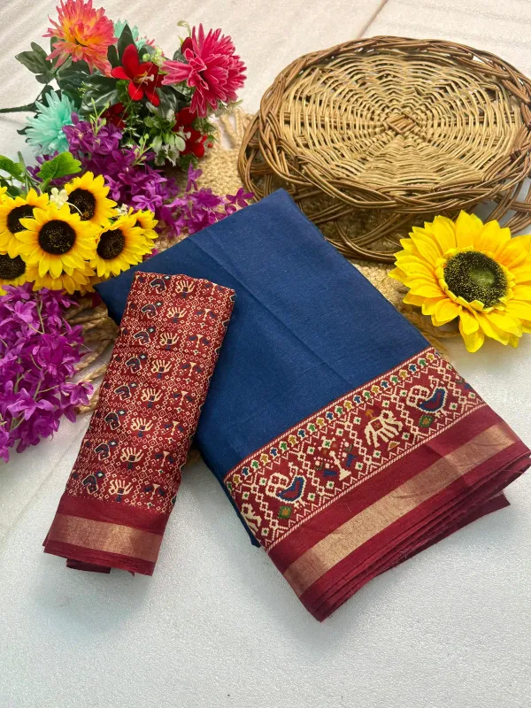 Traditional_Patola_Border_Saree_With_Plain_Body_Dola_Silk_Saree_-_Blue_|_With_Blouse_Piece