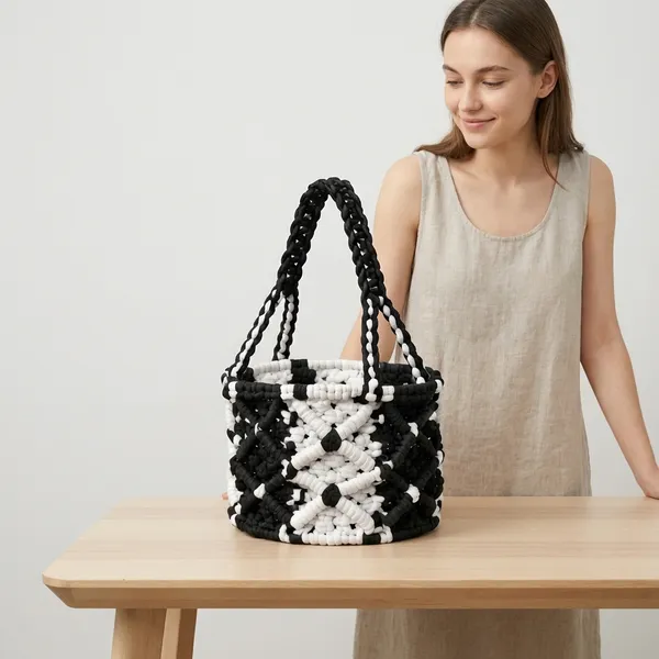 Black_And_White_Macrame_Basket_Home_Decor_/_Storage_Basket