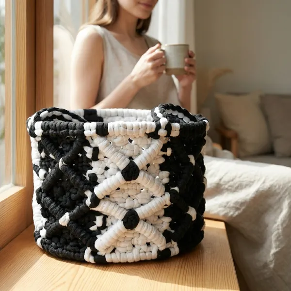 Black_And_White_Macrame_Basket_Home_Decor_/_Storage_Basket