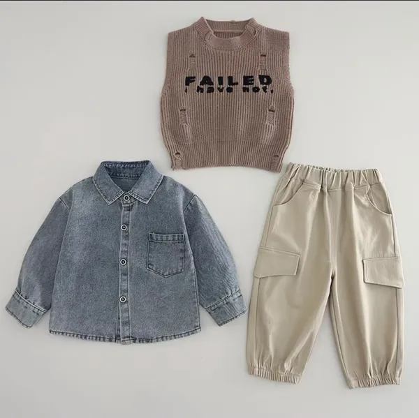 Layered_Denim_Shirt_&_Distressed_Sweater_Vest_Set_with_Cargo_Pants