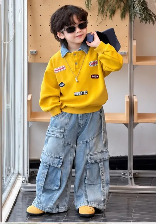 Yellow_Patch_Sweatshirt_&_Denim_Cargo_Pants_Set_for_Boys
