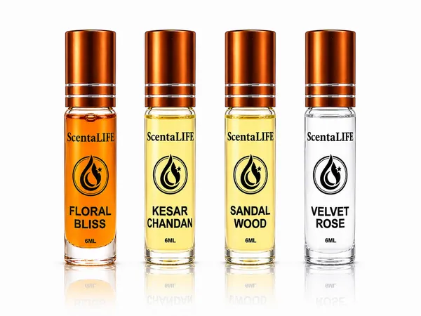 Kesar_Chandan_And_Velvet_Rose_And_Floral_Bliss_Roll-On_And_Sandalwood_Premium_Attar_(Pack_Of_4)