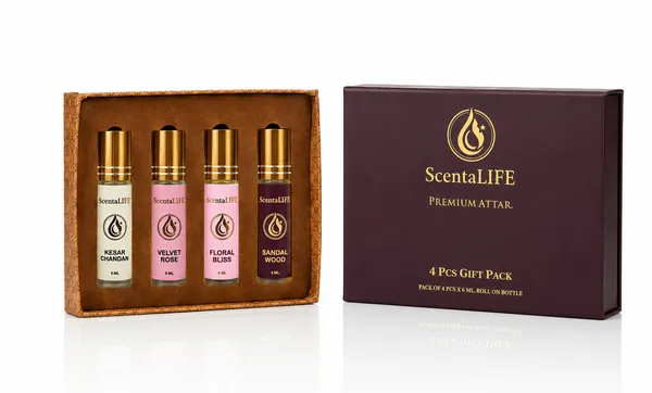 Kesar_Chandan_And_Velvet_Rose_And_Floral_Bliss_Roll-On_And_Sandalwood_Premium_Attar_(Pack_Of_4)