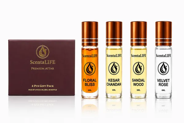 Kesar_Chandan_And_Velvet_Rose_And_Floral_Bliss_Roll-On_And_Sandalwood_Premium_Attar_(Pack_Of_4)