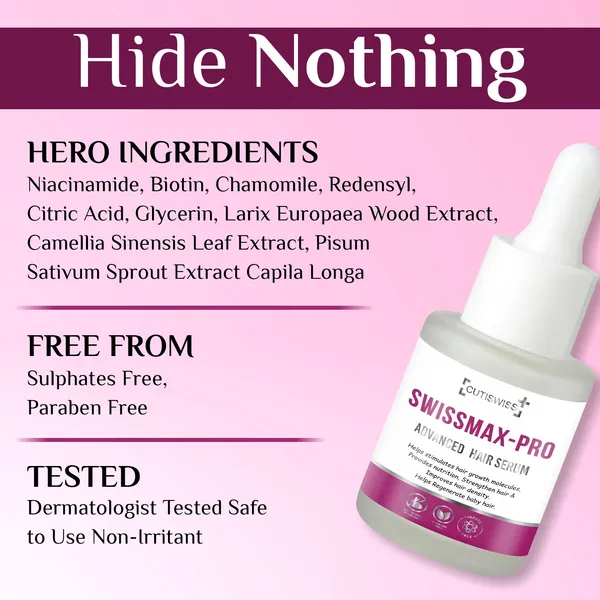 Swissmax-Pro_Advanced_Hair_Serum_|_Enriched_With_Niacinamide,_Biotin,_Chamomile,_Glycerin,_Redensyl,_Larix_Europaea_Wood_Extract,_Camellia_Sinensis_Leaf_Extract,_Apigenin,_Oleanolic_Acid,_Pisum_Sativum_Sprout_Extract_&_Capila_Longa_|_Calm,_Irritation_And_Inflammation_Free_Scalp_|_Targets_Hair_Thinning_&_Hair_Loss_|_30Ml