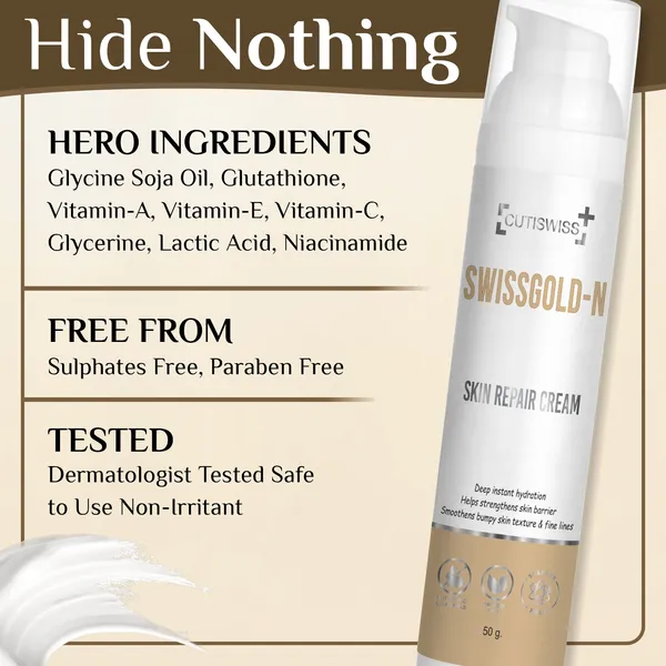 Swissgold-N_|_Skin_Repair_Cream_With_Glutathione,_Vitamin_A,_Vitamin_E,_Vitamin_C,_Glycerine,_Lactic_Acid,_Niacinamide_&_Glycine_Soja_Oil_|_Designed_To_Repair,_Nourish,_And_Rejuvenate_Skin_|_Helps_In_Skin_Concerns_Including_Dryness,_Dullness,_Pigmentation,_And_Premature_Aging_|_Skin_Repair_Cream_50Gm