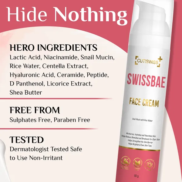 Swissbae_Face_Cream_|_Premium_Korean_Skincare_Product_That_Combines_Snail_Mucin,_Rice_Water,_Niacinamide,_Hyaluronic_Acid,_Ceramide,_Shea_Butter_&_Peptides_|_Rejuvenate,_Hydrate_&_Repair_Skin_|_Helps_Reduce_Signs_Of_Aging,_Improve_Skin_Texture_&_Brighten_Complexion_|_For_Smoother,_More_Youthful,_Soothing_&_Moist_Skin_|_50Gm
