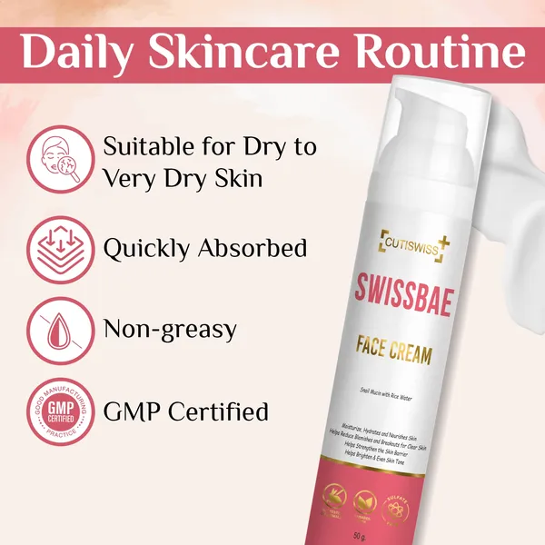 Swissbae_Face_Cream_|_Premium_Korean_Skincare_Product_That_Combines_Snail_Mucin,_Rice_Water,_Niacinamide,_Hyaluronic_Acid,_Ceramide,_Shea_Butter_&_Peptides_|_Rejuvenate,_Hydrate_&_Repair_Skin_|_Helps_Reduce_Signs_Of_Aging,_Improve_Skin_Texture_&_Brighten_Complexion_|_For_Smoother,_More_Youthful,_Soothing_&_Moist_Skin_|_50Gm