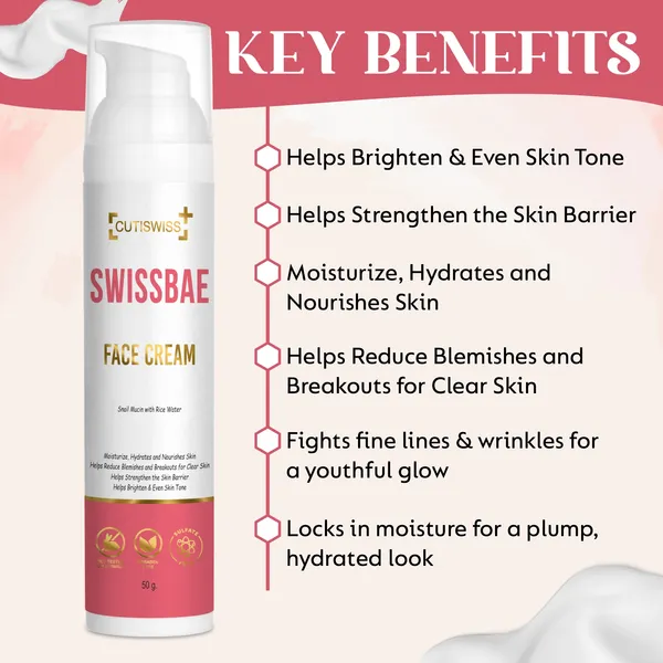 Swissbae_Face_Cream_|_Premium_Korean_Skincare_Product_That_Combines_Snail_Mucin,_Rice_Water,_Niacinamide,_Hyaluronic_Acid,_Ceramide,_Shea_Butter_&_Peptides_|_Rejuvenate,_Hydrate_&_Repair_Skin_|_Helps_Reduce_Signs_Of_Aging,_Improve_Skin_Texture_&_Brighten_Complexion_|_For_Smoother,_More_Youthful,_Soothing_&_Moist_Skin_|_50Gm