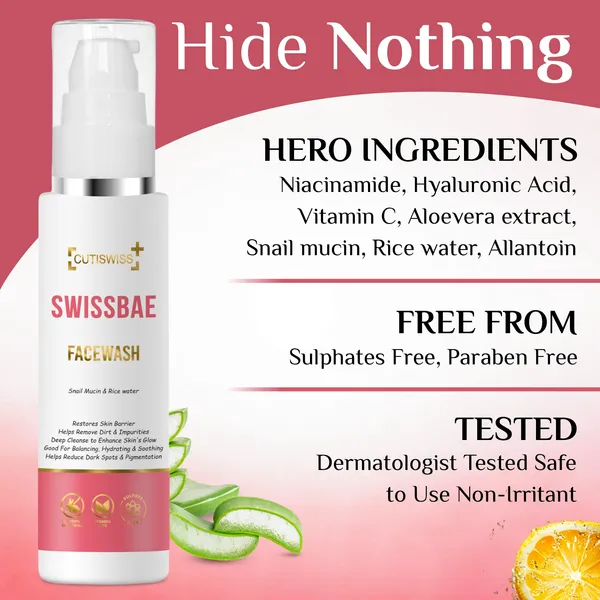 Swissbae_Facewash_|_Premium_Korean_Skincare_Product_Formulated_With_Active_Ingredients_Like_Snail_Mucin,_Rice_Water,_Vitamin_C,_Niacinamide,_Hyaluronic_Acid,_Aloe_Vera_Extract,_And_Allantoin_|_Provides_Deep_Cleansing,_Hydration,_Brightening_&_Youthful_Skin_Benefits_|_Added_Advantages_Of_Soothing_&_Calming_Irritated_Skin_|_100Ml