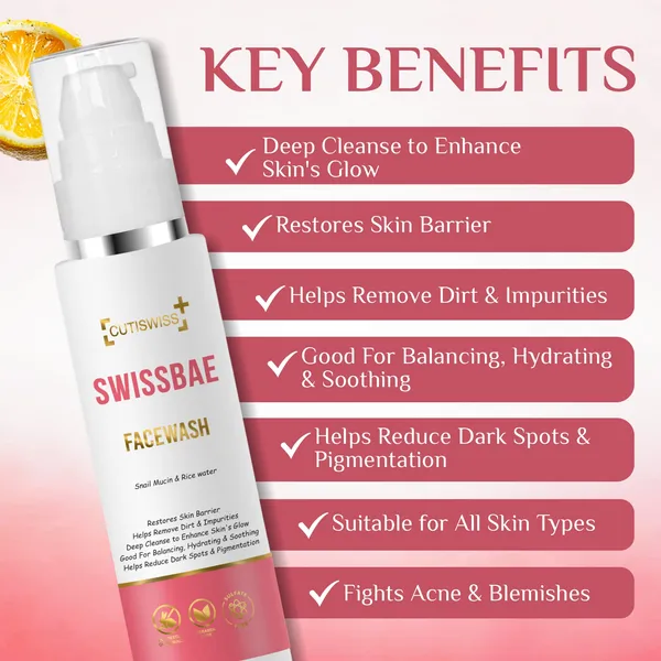 Swissbae_Facewash_|_Premium_Korean_Skincare_Product_Formulated_With_Active_Ingredients_Like_Snail_Mucin,_Rice_Water,_Vitamin_C,_Niacinamide,_Hyaluronic_Acid,_Aloe_Vera_Extract,_And_Allantoin_|_Provides_Deep_Cleansing,_Hydration,_Brightening_&_Youthful_Skin_Benefits_|_Added_Advantages_Of_Soothing_&_Calming_Irritated_Skin_|_100Ml
