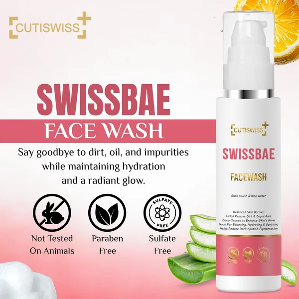 Swissbae_Facewash_|_Premium_Korean_Skincare_Product_Formulated_With_Active_Ingredients_Like_Snail_Mucin,_Rice_Water,_Vitamin_C,_Niacinamide,_Hyaluronic_Acid,_Aloe_Vera_Extract,_And_Allantoin_|_Provides_Deep_Cleansing,_Hydration,_Brightening_&_Youthful_Skin_Benefits_|_Added_Advantages_Of_Soothing_&_Calming_Irritated_Skin_|_100Ml