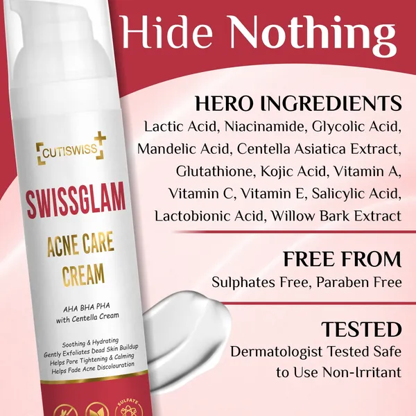 Swissglam_Acne_Care_Cream_|_AHA_BHA_PHA_|_Targets_Acne_Clogged_Pores,_Excess_Sebum,_Bacteria_&_Inflammation_|_Promotes_Skin_Renewal,_Reducing_Pigmentation_&_Restoring_Skin_Health_|_Perfect_Combination_Of_Lactic_Acid,_Niacinamide,_Glycolic_Acid,_Mandelic_Acid,_Centella_Asiatica_Extract,_Glutathione,_Kojic_Acid,_Vitamin_A,_Vitamin_C,_Vitamin_E,_Salicylic_Acid_&_Willow_Bark_Extract_|_50Gm