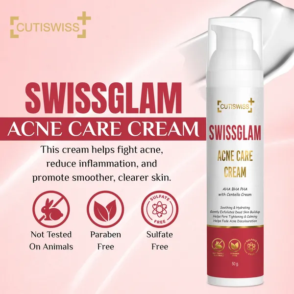 Swissglam_Acne_Care_Cream_|_AHA_BHA_PHA_|_Targets_Acne_Clogged_Pores,_Excess_Sebum,_Bacteria_&_Inflammation_|_Promotes_Skin_Renewal,_Reducing_Pigmentation_&_Restoring_Skin_Health_|_Perfect_Combination_Of_Lactic_Acid,_Niacinamide,_Glycolic_Acid,_Mandelic_Acid,_Centella_Asiatica_Extract,_Glutathione,_Kojic_Acid,_Vitamin_A,_Vitamin_C,_Vitamin_E,_Salicylic_Acid_&_Willow_Bark_Extract_|_50Gm