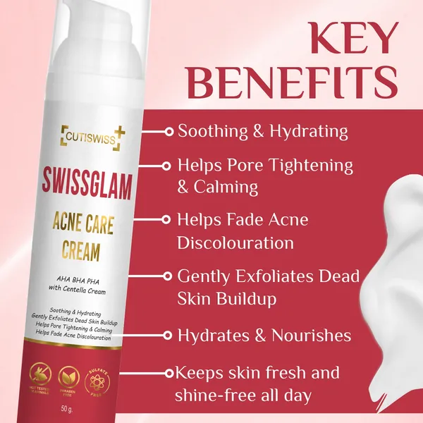 Swissglam_Acne_Care_Cream_|_AHA_BHA_PHA_|_Targets_Acne_Clogged_Pores,_Excess_Sebum,_Bacteria_&_Inflammation_|_Promotes_Skin_Renewal,_Reducing_Pigmentation_&_Restoring_Skin_Health_|_Perfect_Combination_Of_Lactic_Acid,_Niacinamide,_Glycolic_Acid,_Mandelic_Acid,_Centella_Asiatica_Extract,_Glutathione,_Kojic_Acid,_Vitamin_A,_Vitamin_C,_Vitamin_E,_Salicylic_Acid_&_Willow_Bark_Extract_|_50Gm