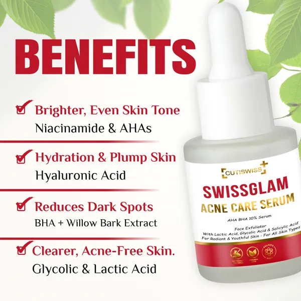 Swissglam_Acne_Care_Serum_|_Aha_Bha_10%_Serum_|_Highly_Effective_Acne_Treatment_Serum_Containing_A_Blend_Of_Aha_(Glycolic_Acid,_Mandelic_Acid,_Lactic_Acid),_Bha_(Salicylic_Acid),_And_Niacinamide_|_Designed_To_Target_Acne,_Reduce_Scarring_&_Brighten_Skin_Tone_|_Exfoliates,_Unclogs_Pores,_Controls_Oil_&_Hydrates_Skin_|_For_Smooth,_Clear_&_Glowing_Skin_|_Suitable_For_Acne-Prone_Skin_|_30Ml