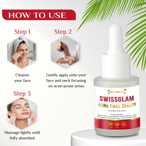 Swissglam_Acne_Care_Serum_|_Aha_Bha_10%_Serum_|_Highly_Effective_Acne_Treatment_Serum_Containing_A_Blend_Of_Aha_(Glycolic_Acid,_Mandelic_Acid,_Lactic_Acid),_Bha_(Salicylic_Acid),_And_Niacinamide_|_Designed_To_Target_Acne,_Reduce_Scarring_&_Brighten_Skin_Tone_|_Exfoliates,_Unclogs_Pores,_Controls_Oil_&_Hydrates_Skin_|_For_Smooth,_Clear_&_Glowing_Skin_|_Suitable_For_Acne-Prone_Skin_|_30Ml