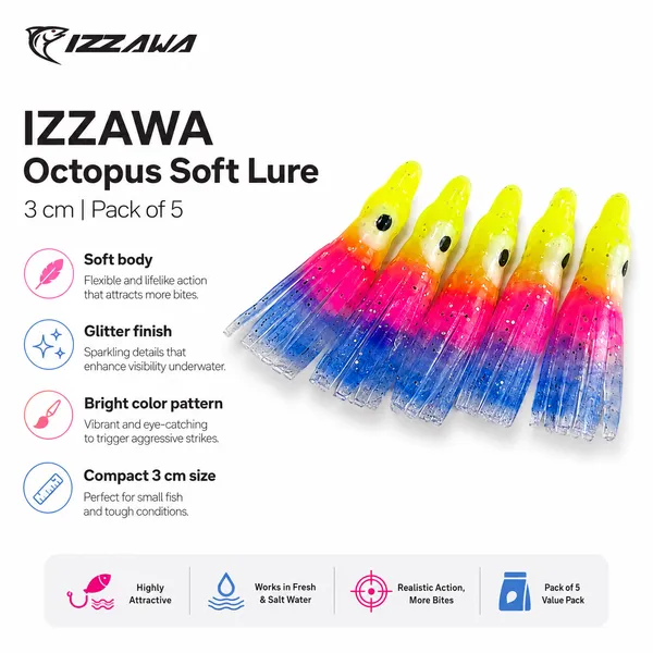 Izzawa_Octopus_Soft_Lure_3cm_-_Yellow_Pink_Blue_-_Pack_of_5