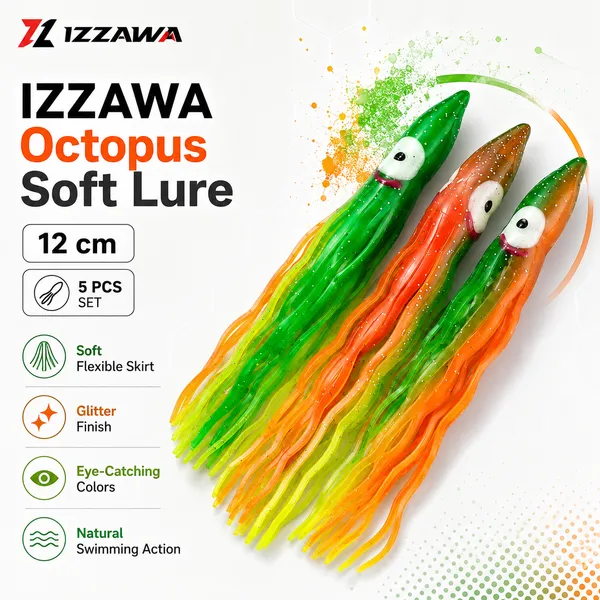 Izzawa_Octopus_Soft_Lure_12cm_-_Orange_Green_Yellow_-_Pack_of_5