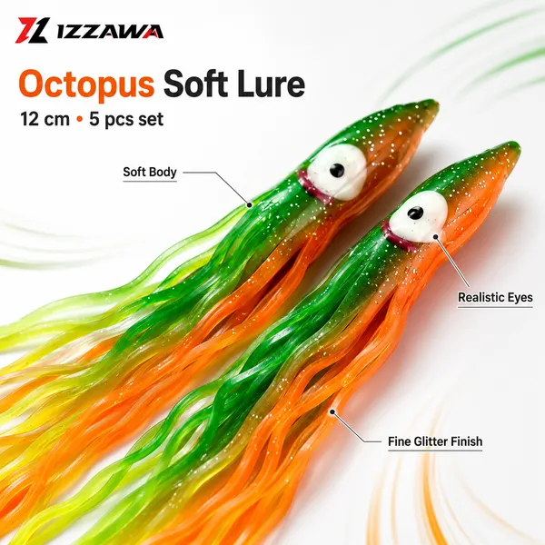 Izzawa_Octopus_Soft_Lure_12cm_-_Orange_Green_Yellow_-_Pack_of_5