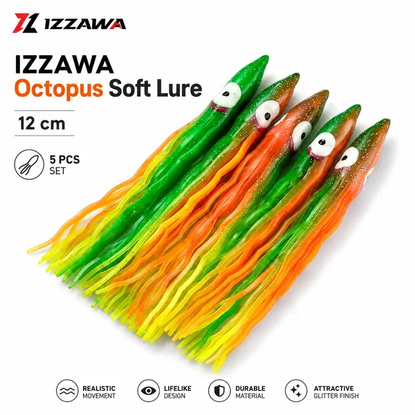 Izzawa_Octopus_Soft_Lure_12cm_-_Orange_Green_Yellow_-_Pack_of_5
