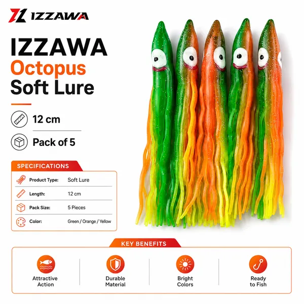 Izzawa_Octopus_Soft_Lure_12cm_-_Orange_Green_Yellow_-_Pack_of_5