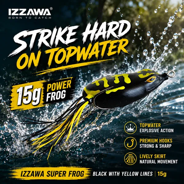 IZZAWA_Super_Frog_Black_with_Yellow_Lines_Frog_Lure_15g_|_Pack_of_1