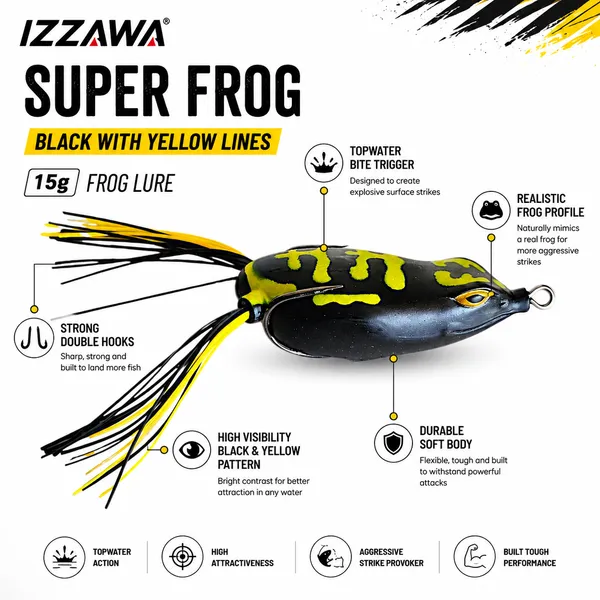 IZZAWA_Super_Frog_Black_with_Yellow_Lines_Frog_Lure_15g_|_Pack_of_1