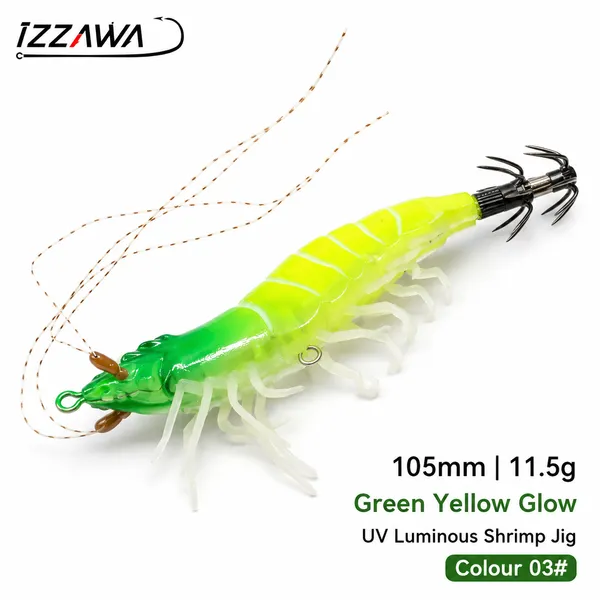 IZZAWA_Luminous_UV_Shrimp_Lure_105mm_11.5g_Green_Yellow_Glow_-_Squid_Jig_Umbrella_Hook