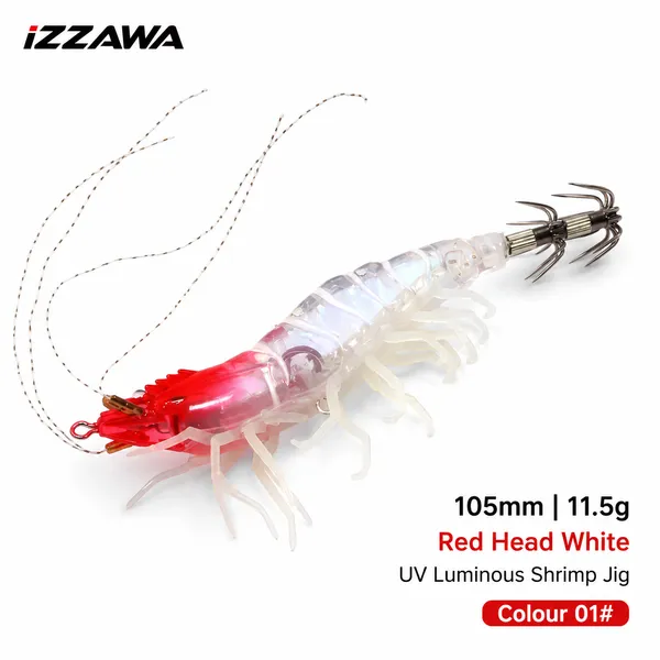 IZZAWA_Luminous_UV_Shrimp_Lure_105mm_11.5g_Red_Head_White_-_Squid_Jig_Umbrella_Hook
