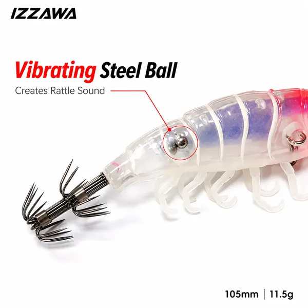 IZZAWA_Luminous_UV_Shrimp_Lure_105mm_11.5g_Red_Yellow_Brown_-_Squid_Jig_Umbrella_Hook