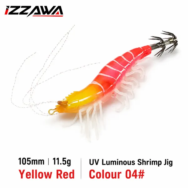 IZZAWA_Luminous_UV_Shrimp_Lure_105mm_11.5g_Yellow_Red_-_Squid_Jig_Umbrella_Hook