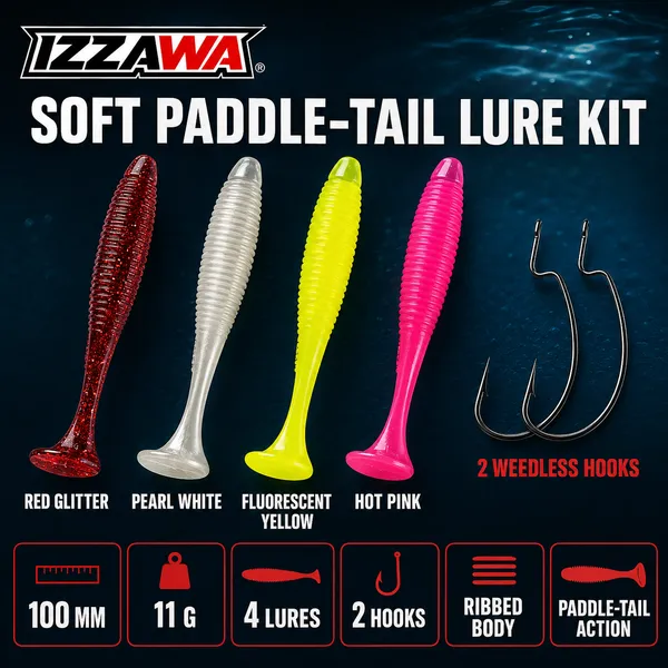 IZZAWA_Soft_Paddle-Tail_Lure_Kit_-_Pack_of_4_with_2_Hooks