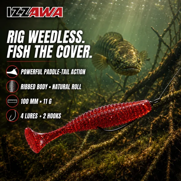 IZZAWA_Soft_Paddle-Tail_Lure_Kit_-_Pack_of_4_with_2_Hooks