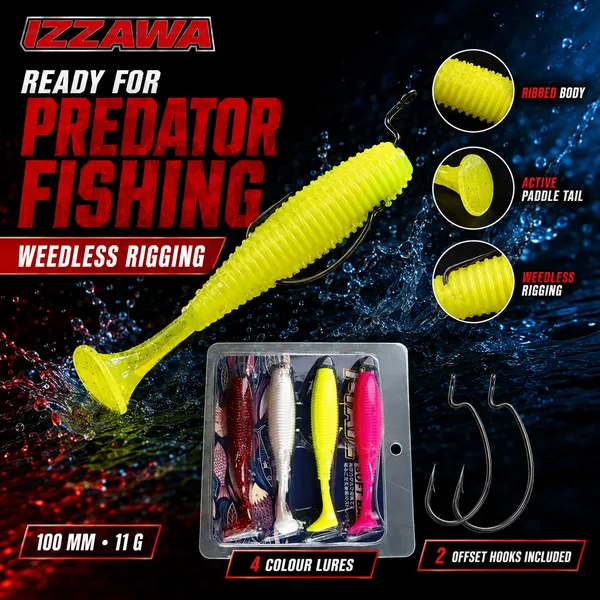 IZZAWA_Soft_Paddle-Tail_Lure_Kit_-_Pack_of_4_with_2_Hooks