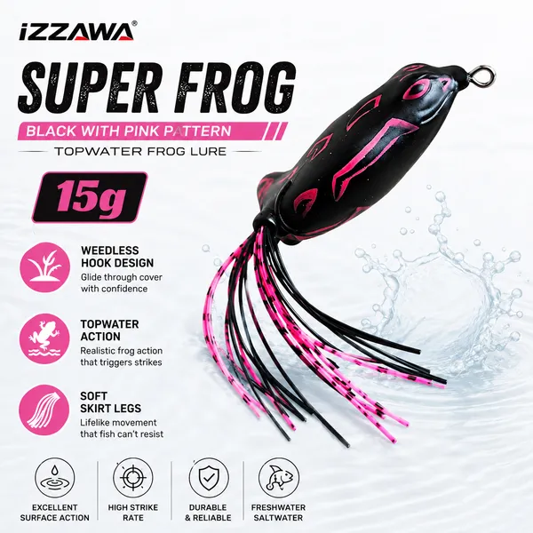 IZZAWA_Super_Frog_Black_with_Pink_Pattern_Frog_Lure_15g_|_Pack_of_1