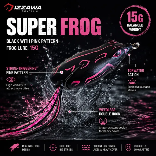 IZZAWA_Super_Frog_Black_with_Pink_Pattern_Frog_Lure_15g_|_Pack_of_1