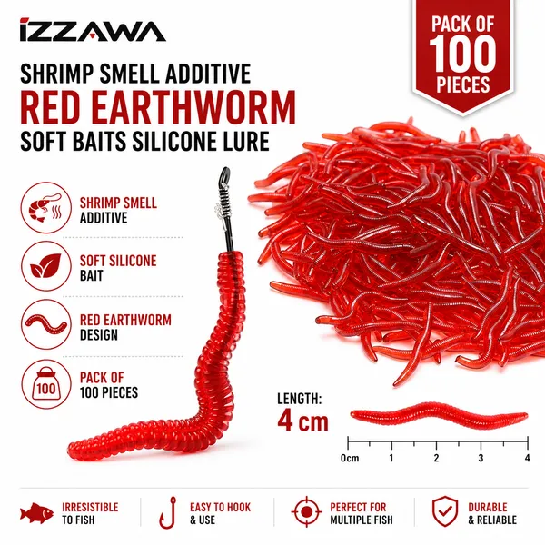 IZZAWA_Pack_of_100_Shrimp_Smell_Additive_Red_Earthworm_Soft_Baits_Silicone_Lure