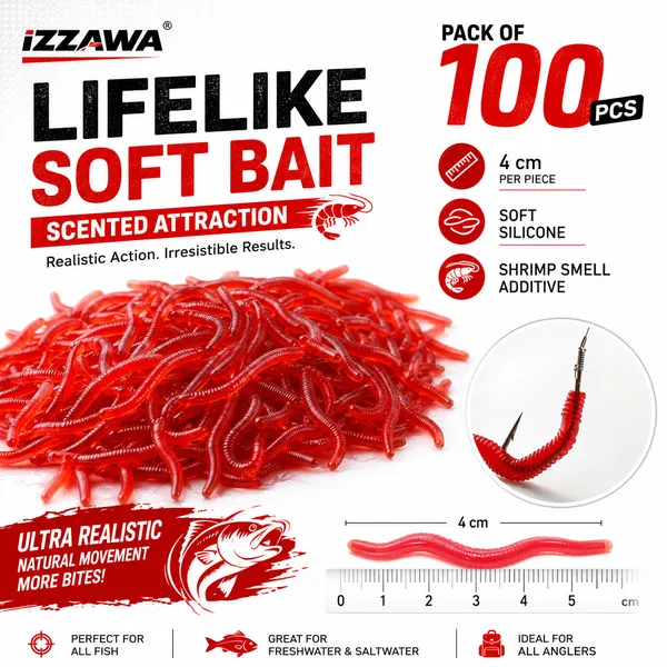 IZZAWA_Pack_of_100_Shrimp_Smell_Additive_Red_Earthworm_Soft_Baits_Silicone_Lure