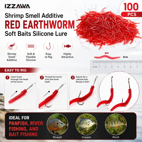 IZZAWA_Pack_of_100_Shrimp_Smell_Additive_Red_Earthworm_Soft_Baits_Silicone_Lure