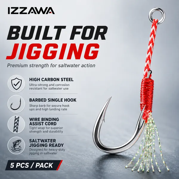 IZZAWA_Assist_Jig_Hooks_Pack_of_5,_High_Carbon_Steel,_Size_20#,_Saltwater_Jigging_Hook
